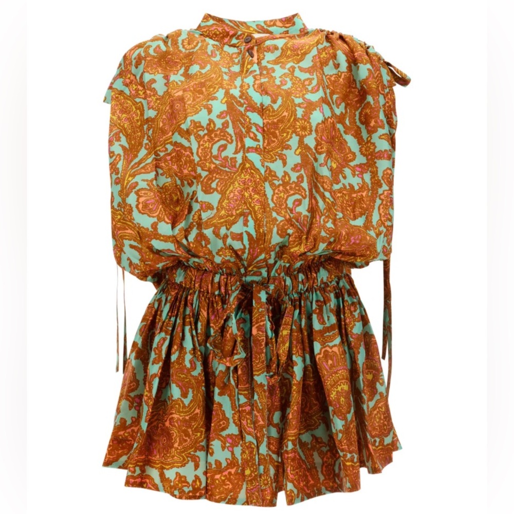 Zimmermann Tiggy Drawcord Mini Dress | Silk, Peach/Mint Paisley, Dropped Waist